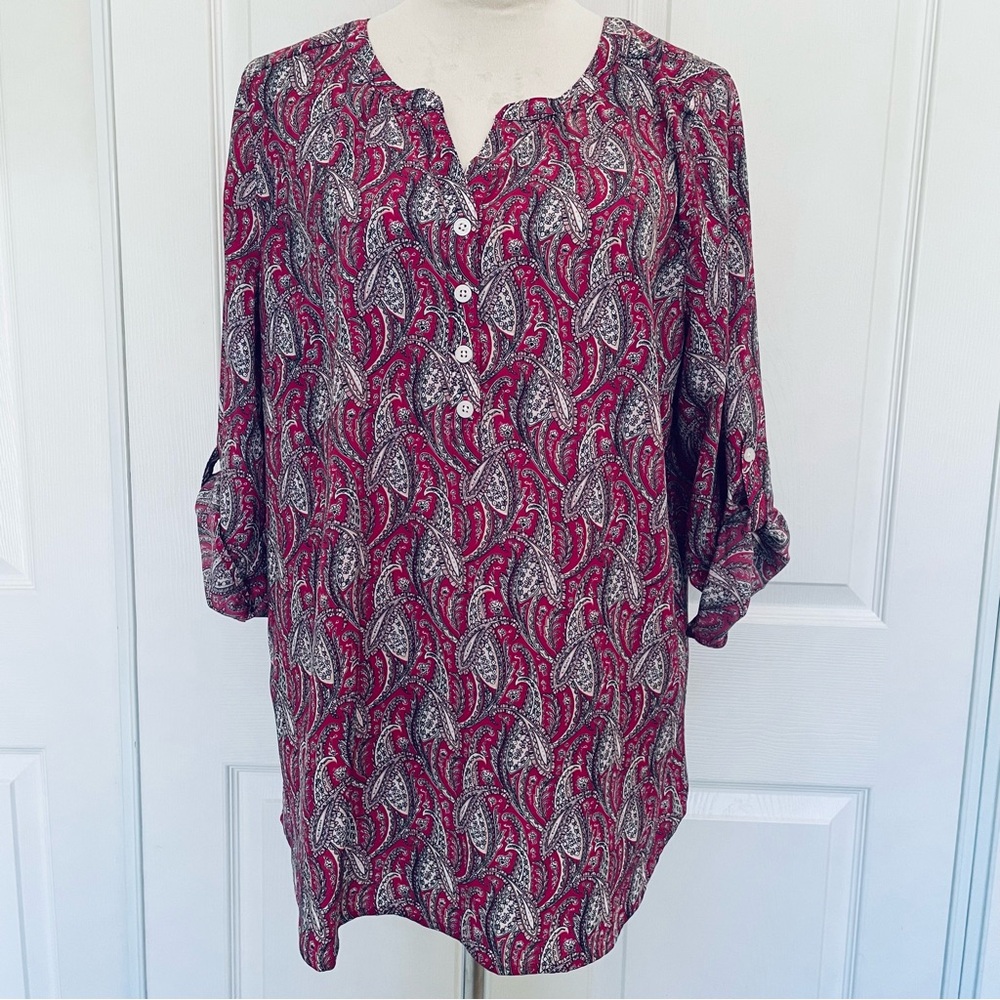 Croft & Barrow Paisley V Neck Top Purple Roll Sleeve Button Blouse size  XL